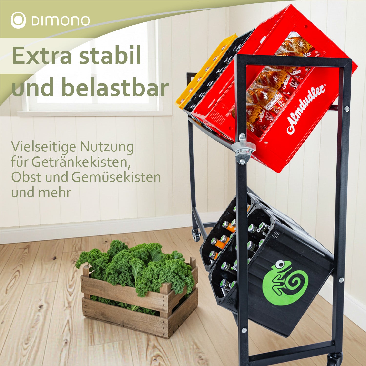 Rollbares Getränkekistenregal aus Metall