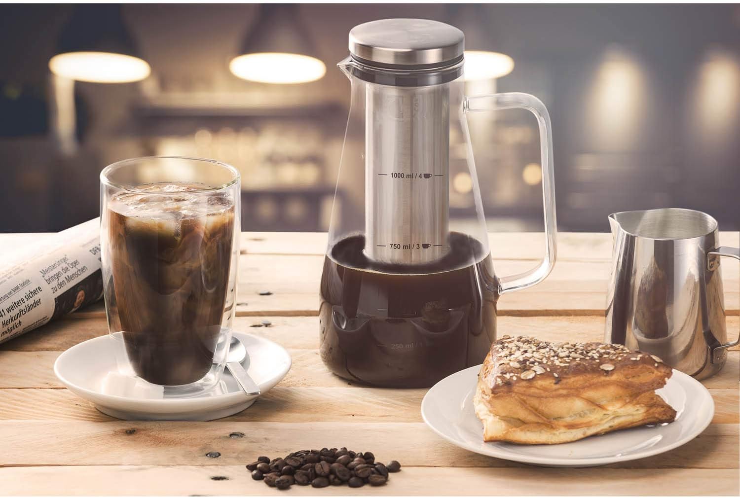 Cold Brew Kaffeebereiter - Glas-Karaffe mit Edelstahl-Filter 1300ml