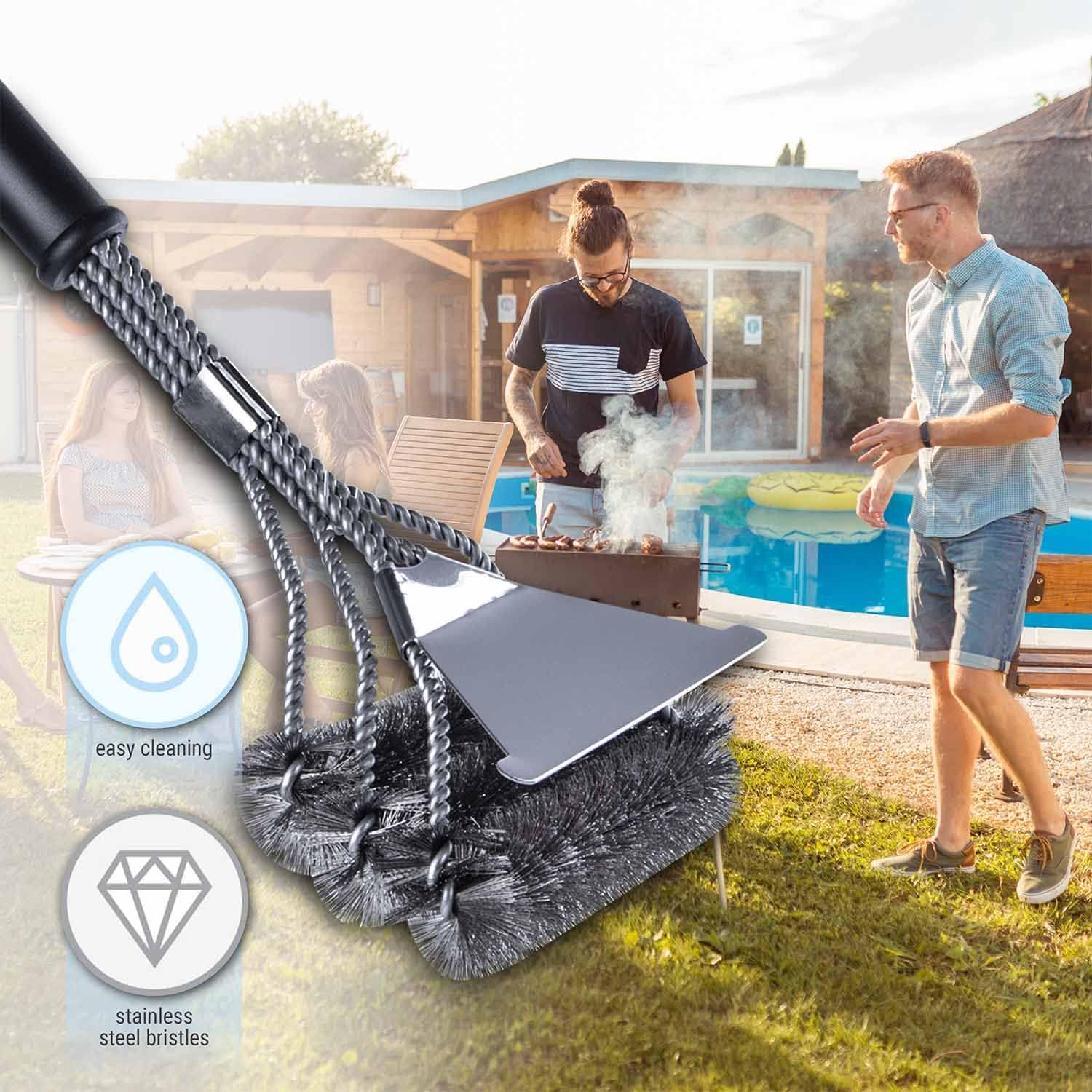 3in1 Edelstahl Grillbürste – 45 cm Reiniger mit Schaber