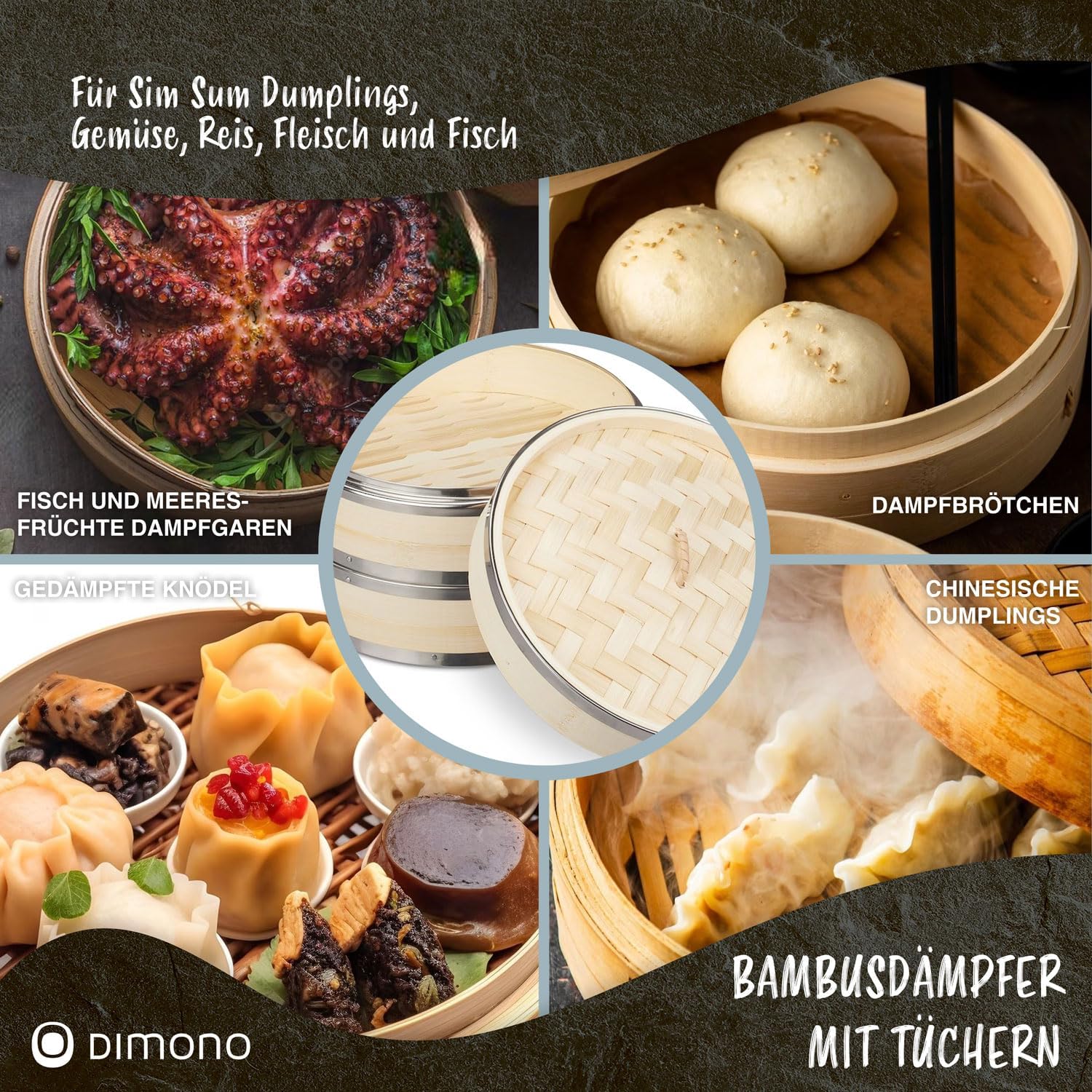 Bambus Dampfgarer 20cm - 2 Etagen Asia-Dampfkorb mit Edelstahl-Ring