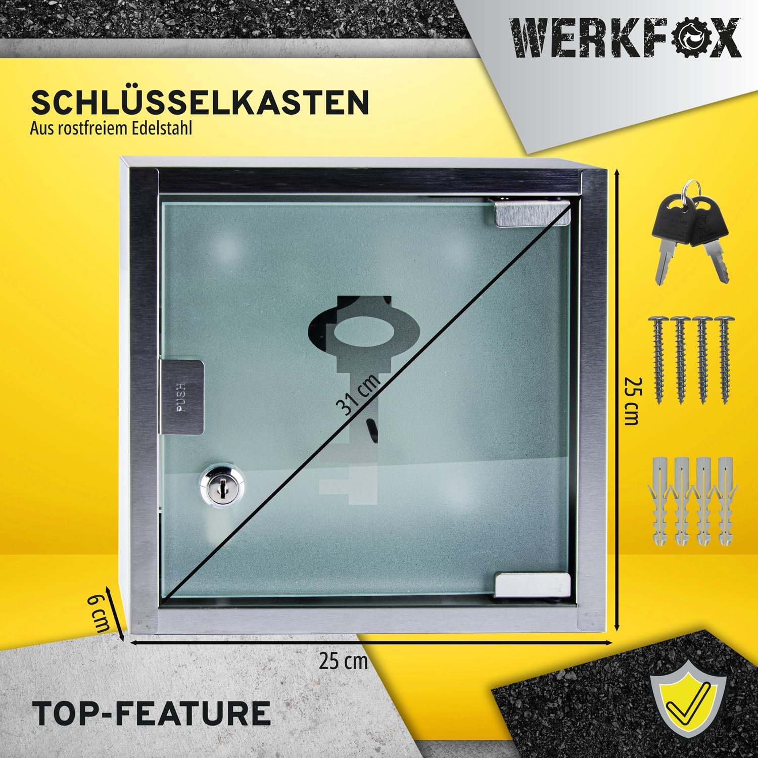 Edelstahl-Schlüsselkasten mit Glastür - Schlüsselschrank Wand Silber