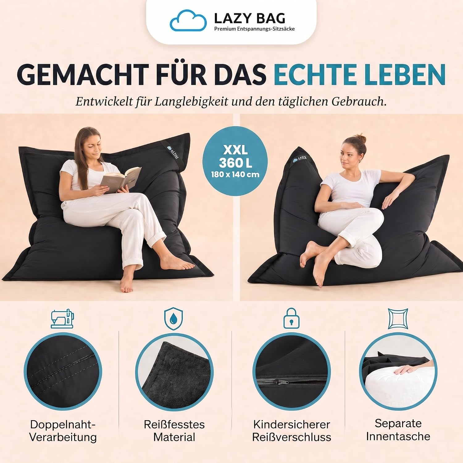 LazyBag XXL Sitzsack 180x140 cm aus Baumwolle – 400L Komfort
