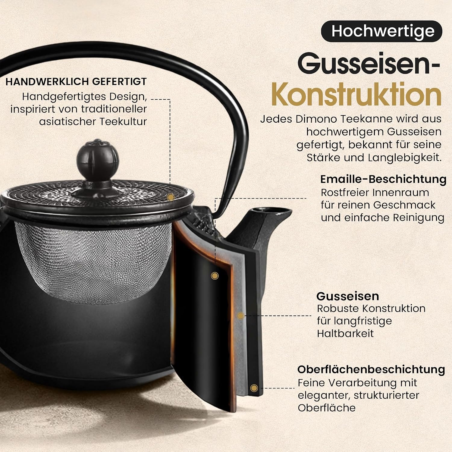 Teekanne aus Gusseisen 1,3l mit Sieb - Schwarz & Emailliert