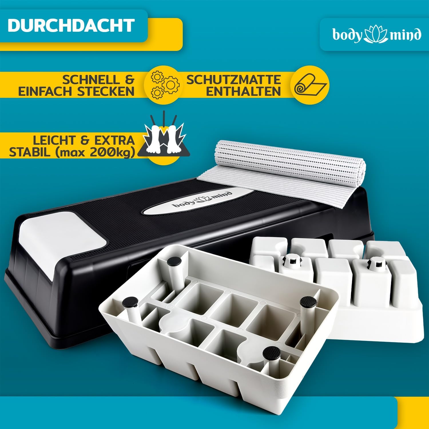 Aerobic Stepper – 3-Stufen Steppbrett mit Anti-Rutsch-Matte