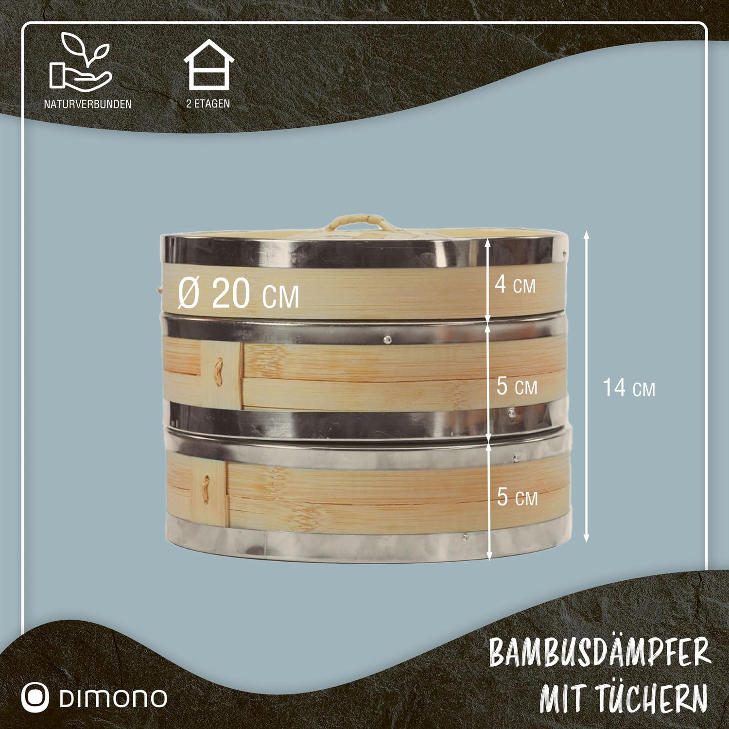 Bambus Dampfgarer 20cm - 2 Etagen Asia-Dampfkorb mit Edelstahl-Ring