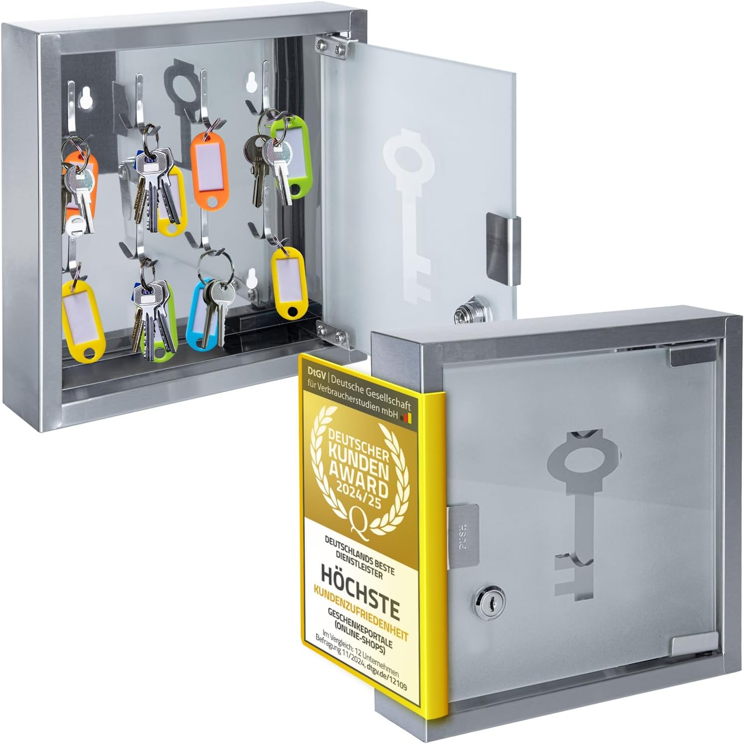 Edelstahl-Schlüsselkasten mit Glastür - Schlüsselschrank Wand Silber