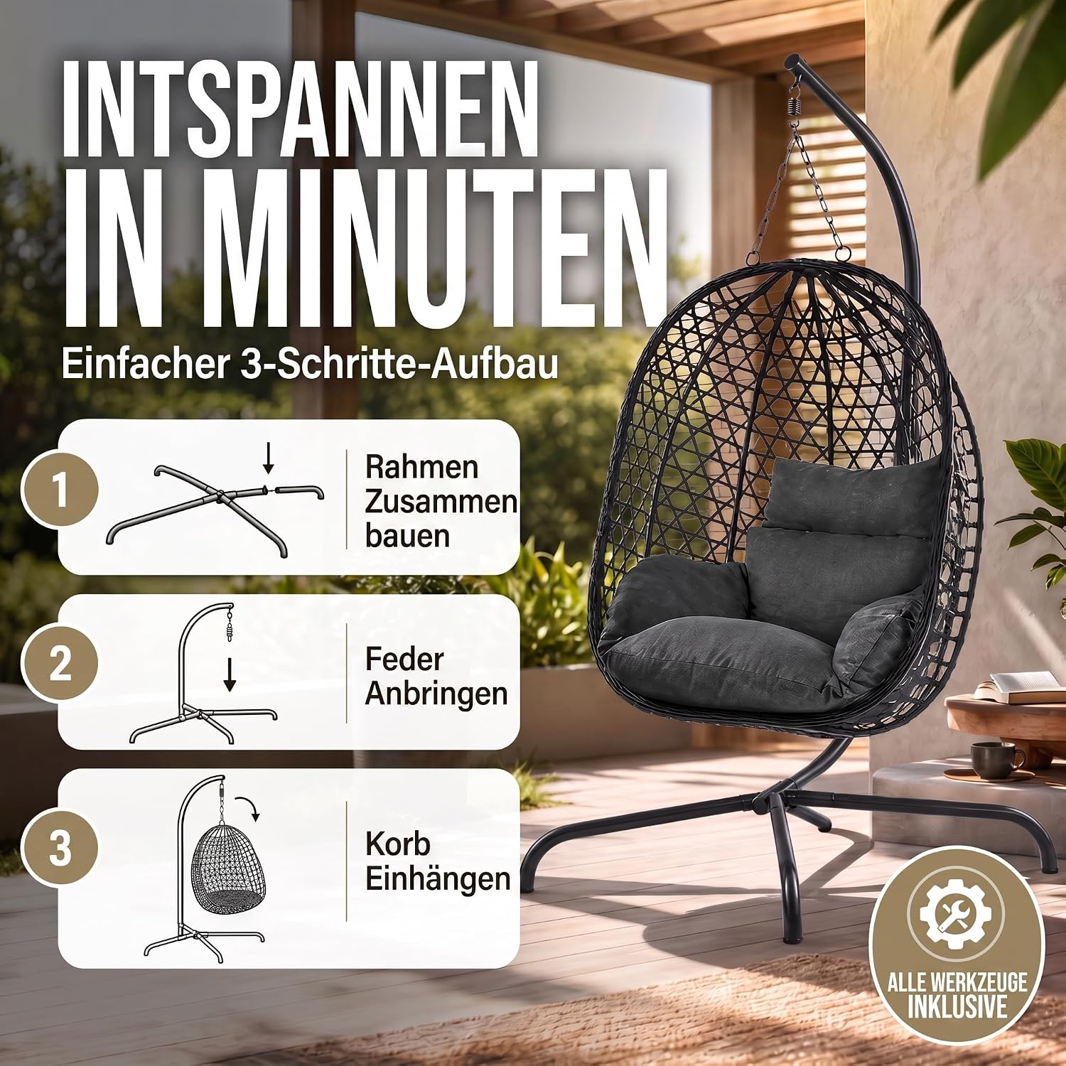 Schwebeliege mit Gestell - Freischwingender Hängesessel aus Rattan