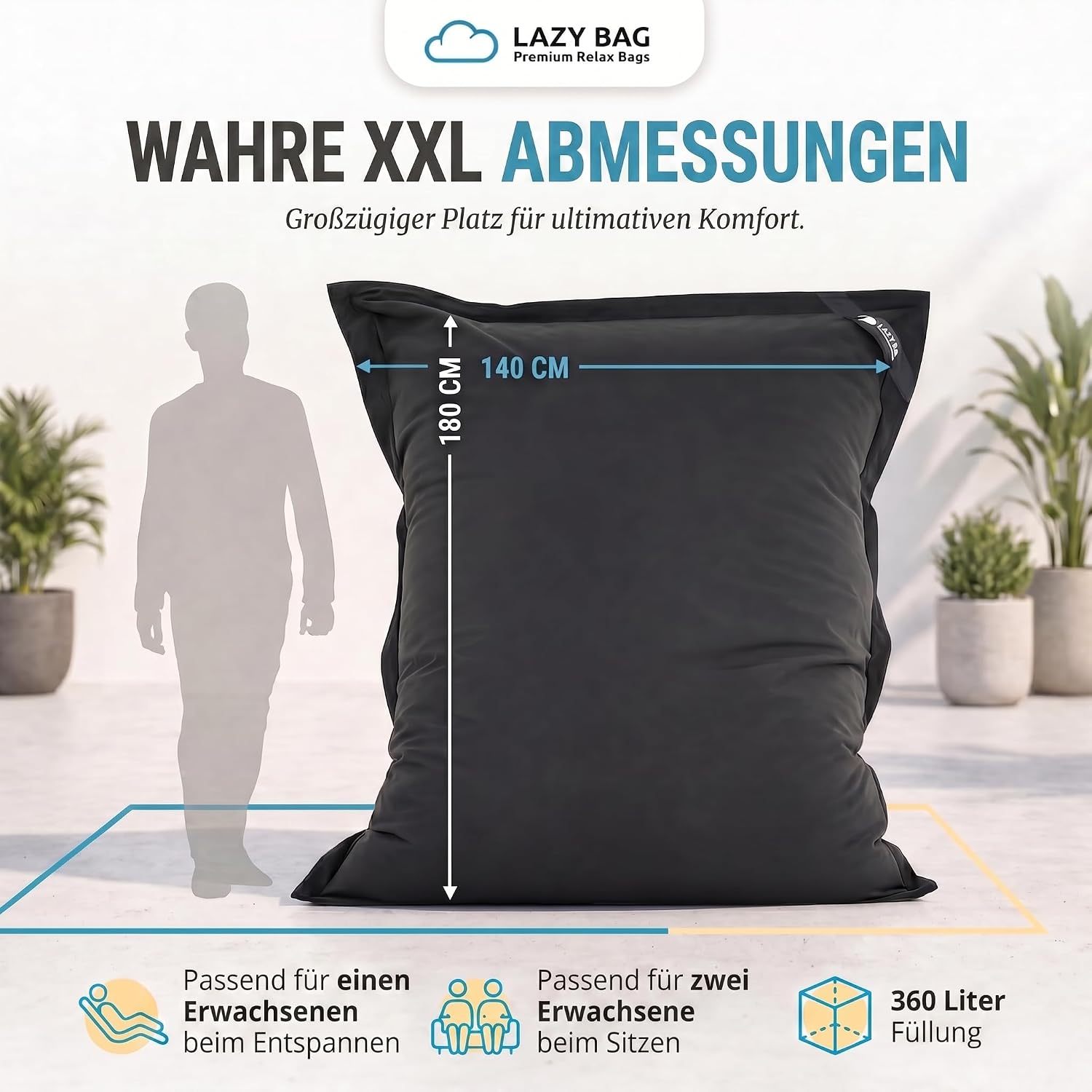 LazyBag XXL Sitzsack 180x140 cm aus Baumwolle – 400L Komfort