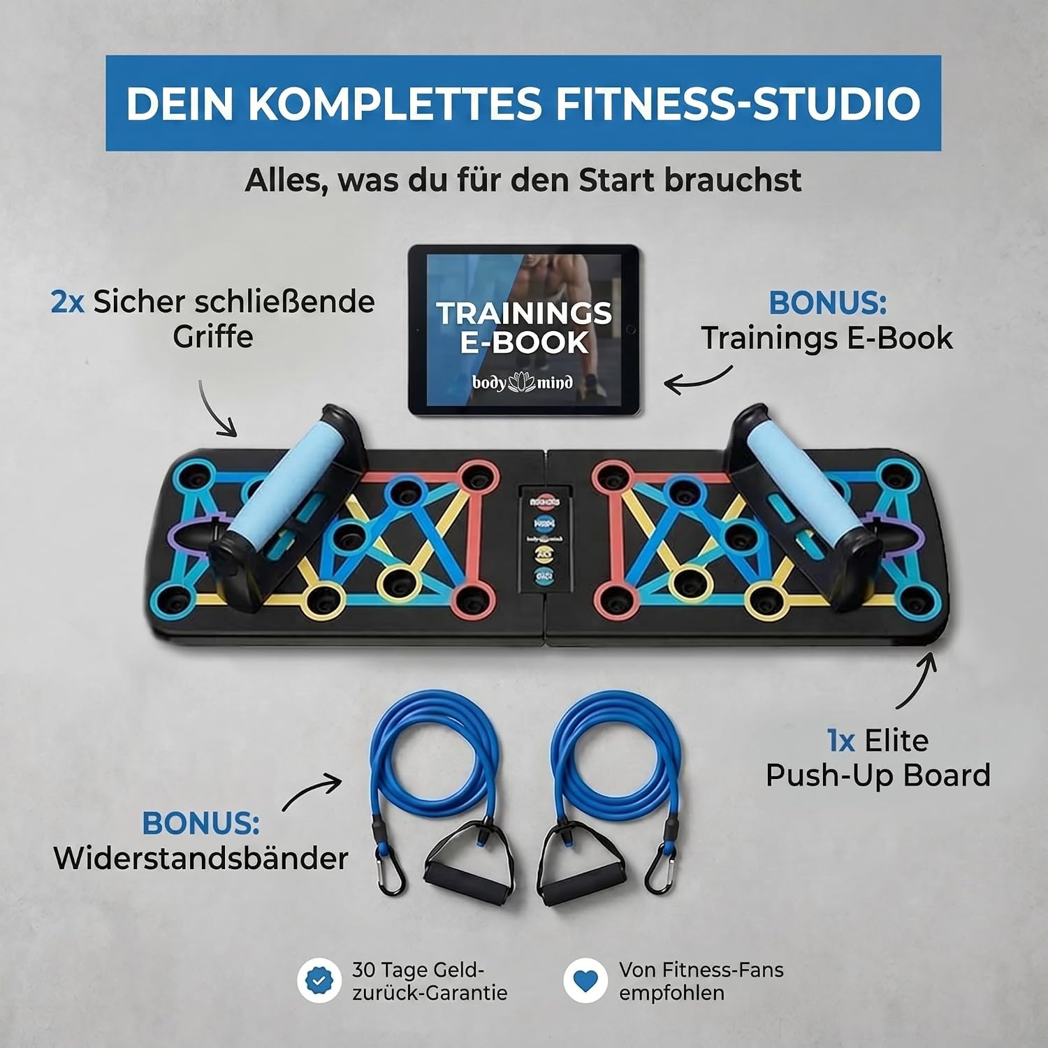 20in1 Liegestütze-Brett Elite - Faltbares Push-Up Board mit Bändern