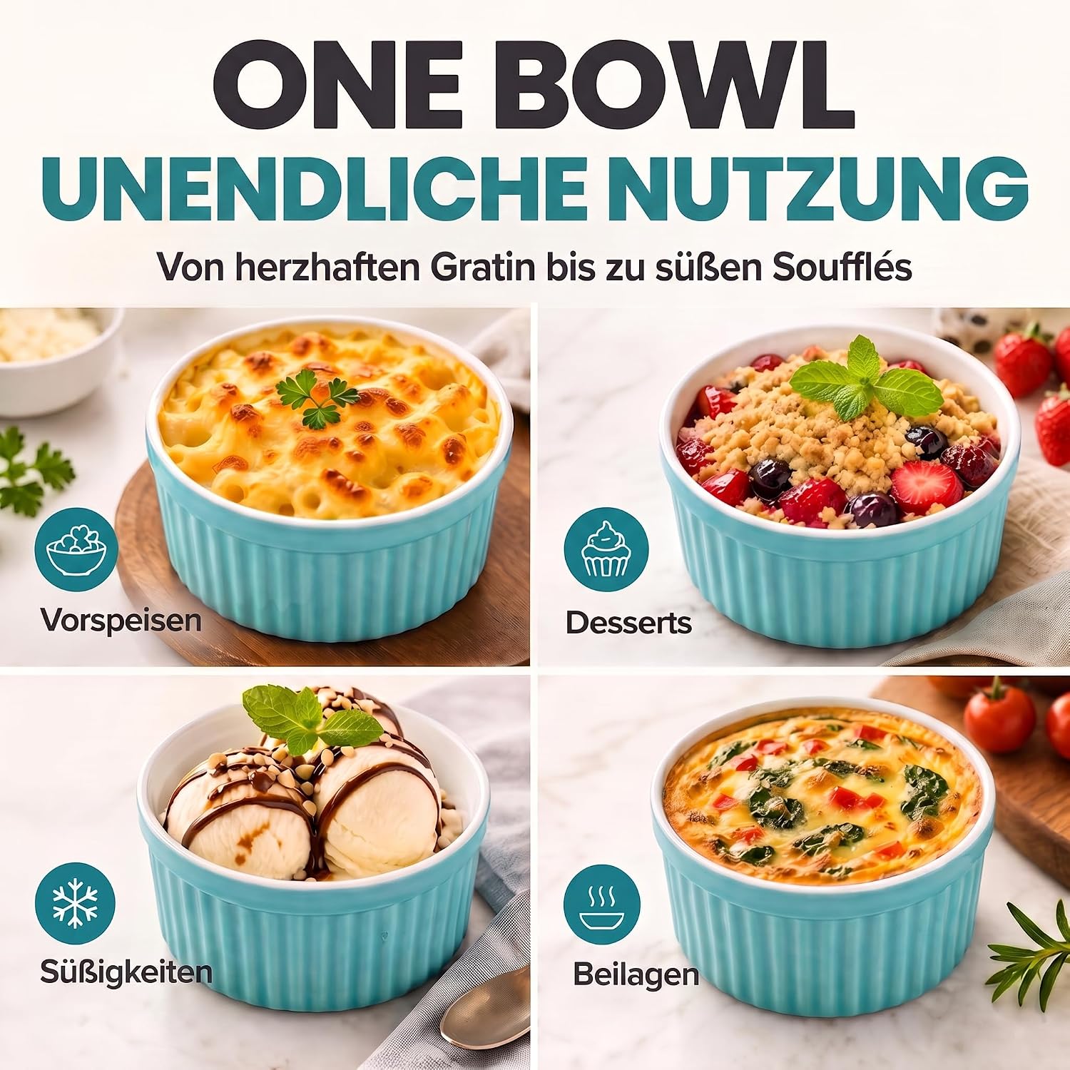 8er Set Dessertschalen & Creme-Brulée-Förmchen aus Keramik Weiß