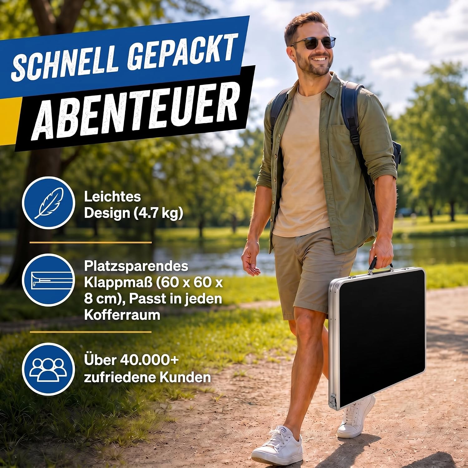 Klappbarer Campingtisch 120x60cm inkl. 4 Hocker für Outdoor