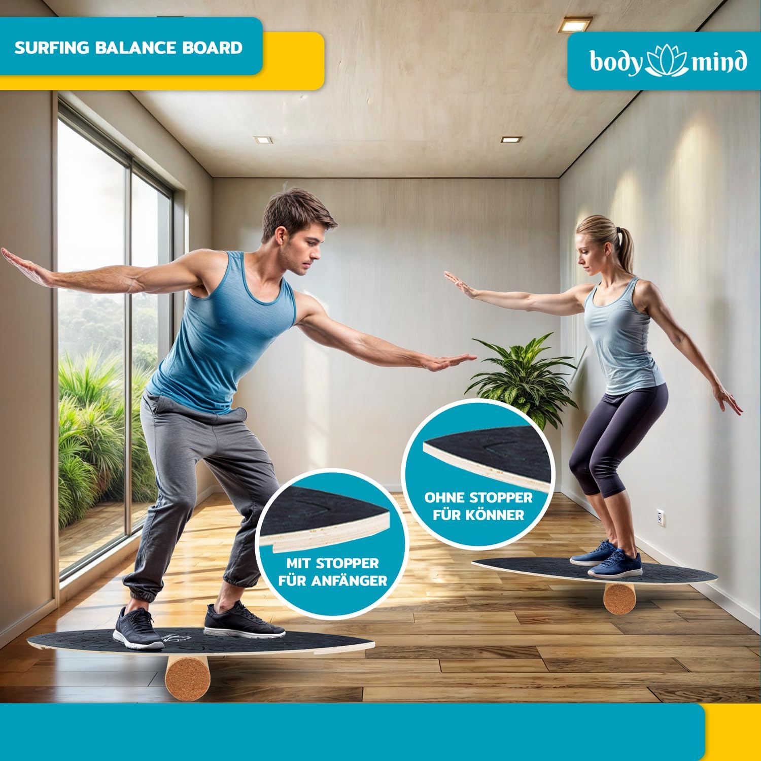 Balance-Board Surfbrett mit Korkrolle & Ständer – Fitness Board 80 cm