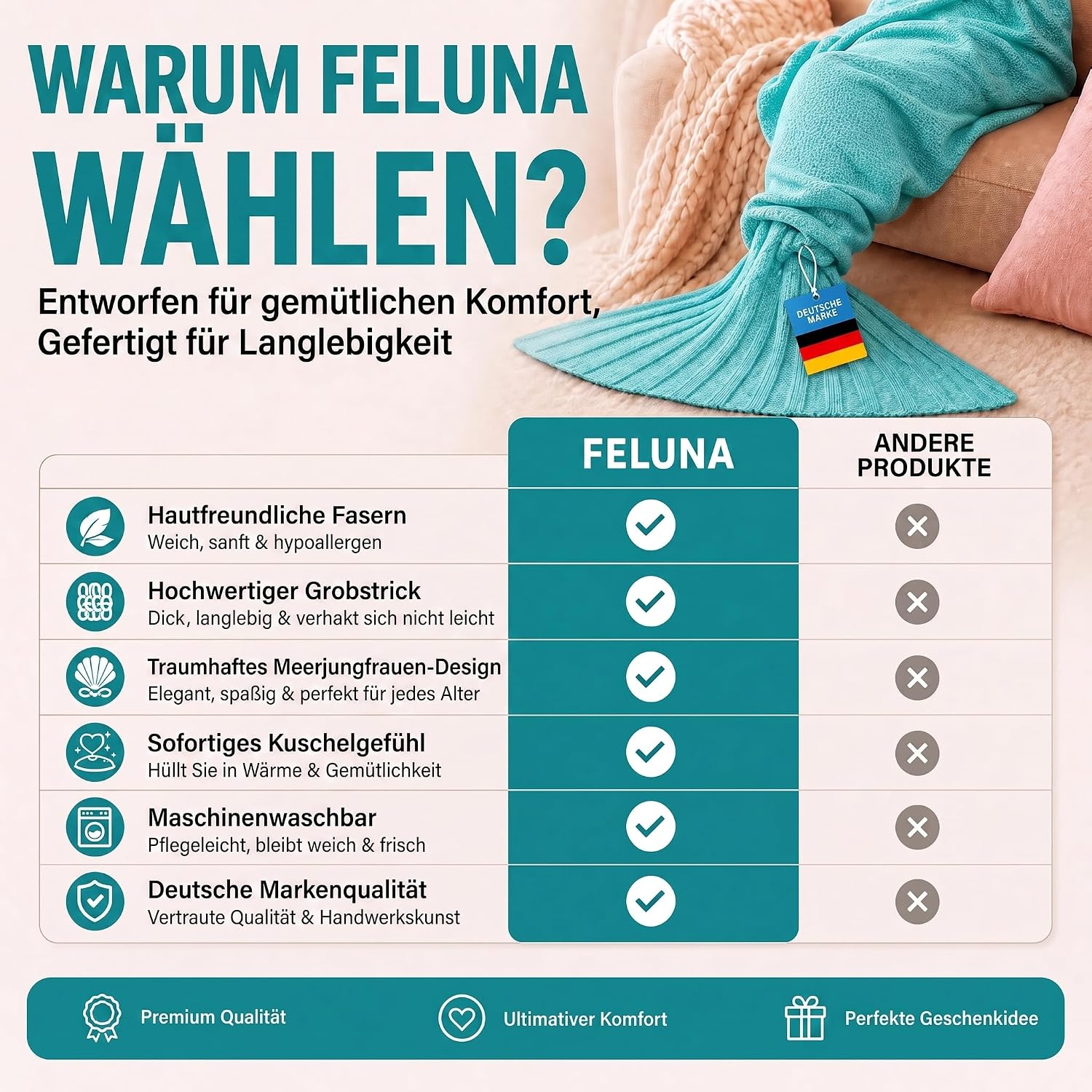 Feluna Meerjungfrau Kuscheldecke – 180x85 cm – Weiche Strickdecke
