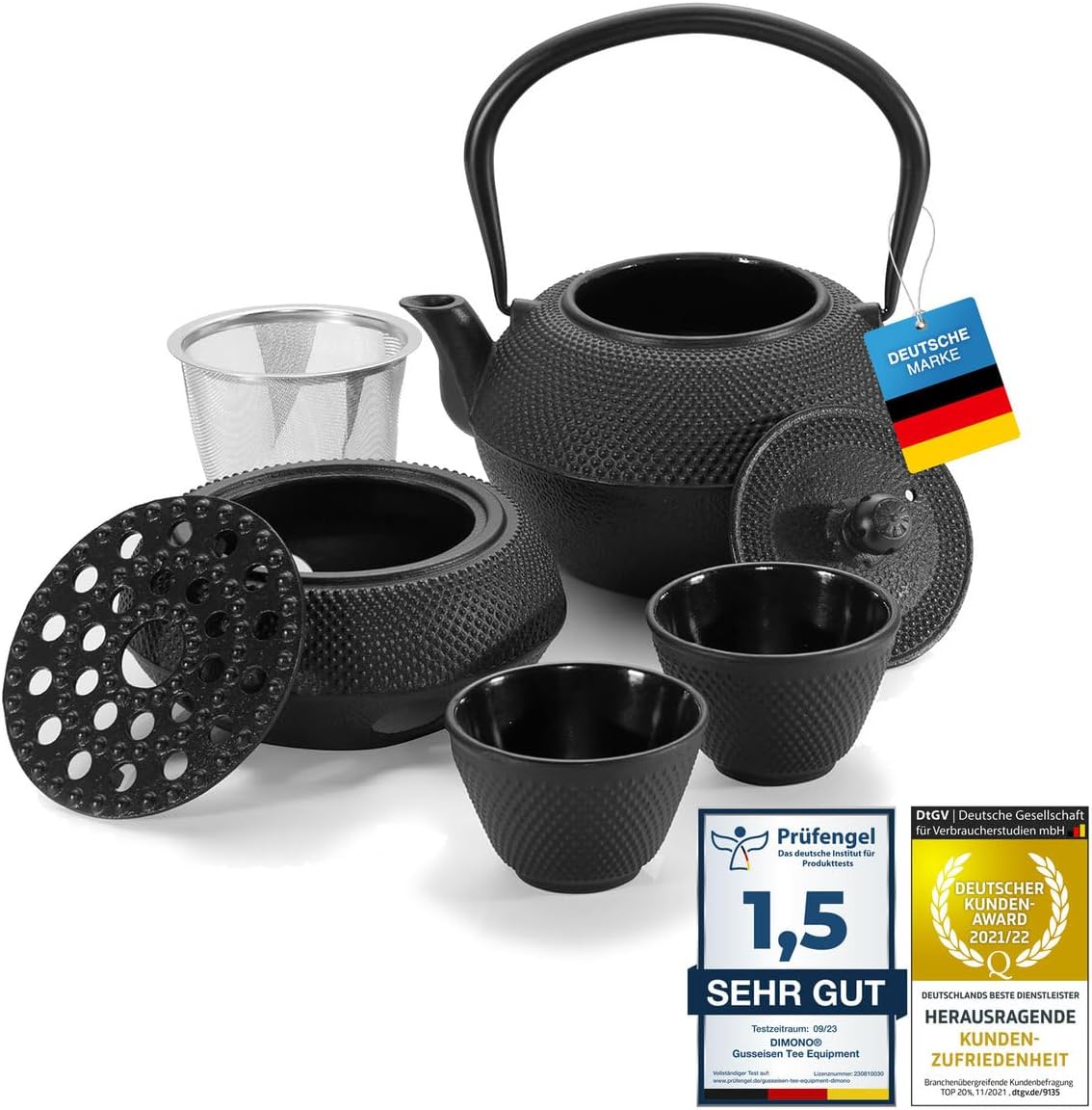 Traditionelles Gusseisen-Teeset - Teekanne mit Stövchen & 2 Tassen