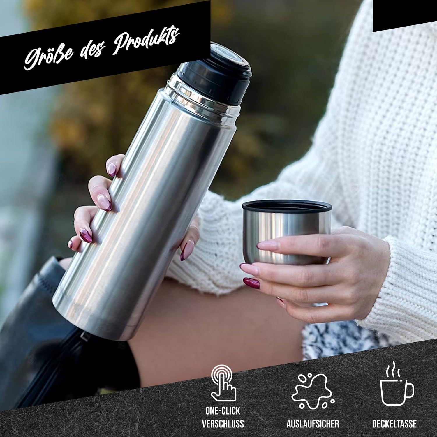 Edelstahl Thermoskanne 1L - Auslaufsichere Isolierflasche 12h heiß