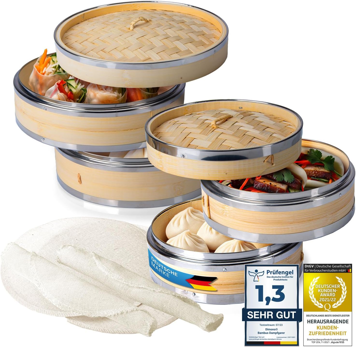 Bambus Dampfgarer 20cm - 2 Etagen Asia-Dampfkorb mit Edelstahl-Ring