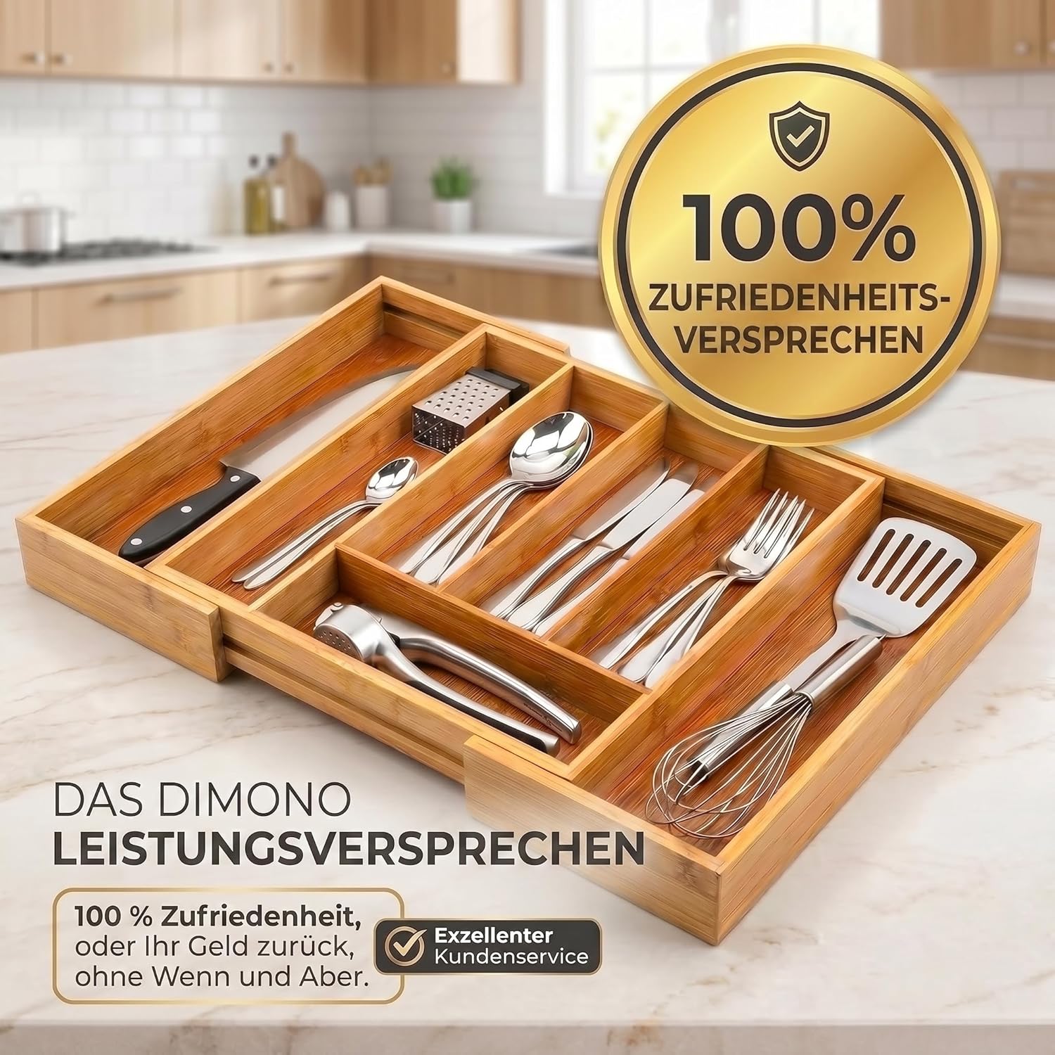Ausziehbarer Bambus Besteckeinsatz – Variabler Besteckkasten
