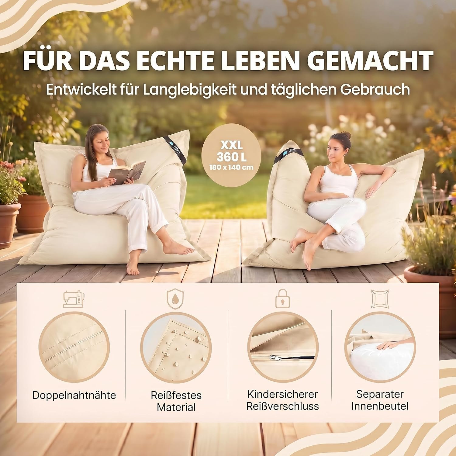 LazyBag XXL Sitzsack - Wasserfestes Outdoor Sitzkissen 180x140 cm