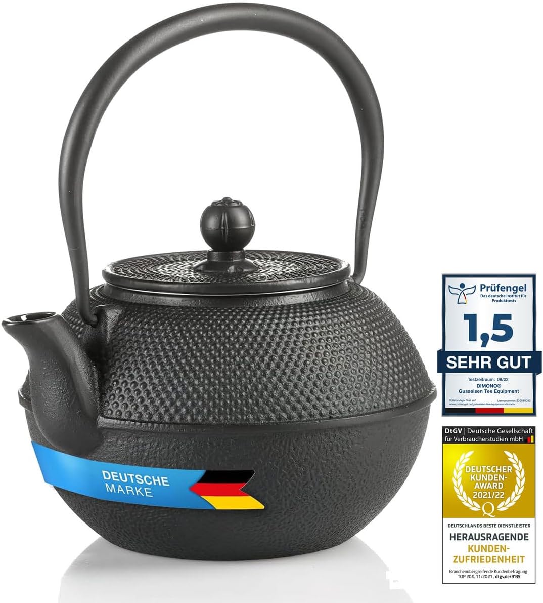 Teekanne aus Gusseisen 1,3l mit Sieb - Schwarz & Emailliert