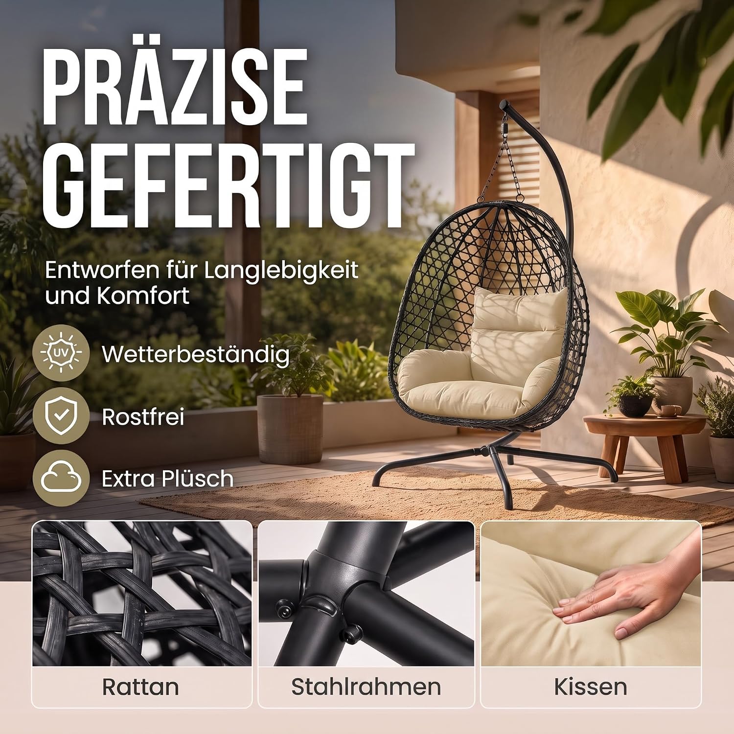 Schwebeliege mit Gestell - Freischwingender Hängesessel aus Rattan