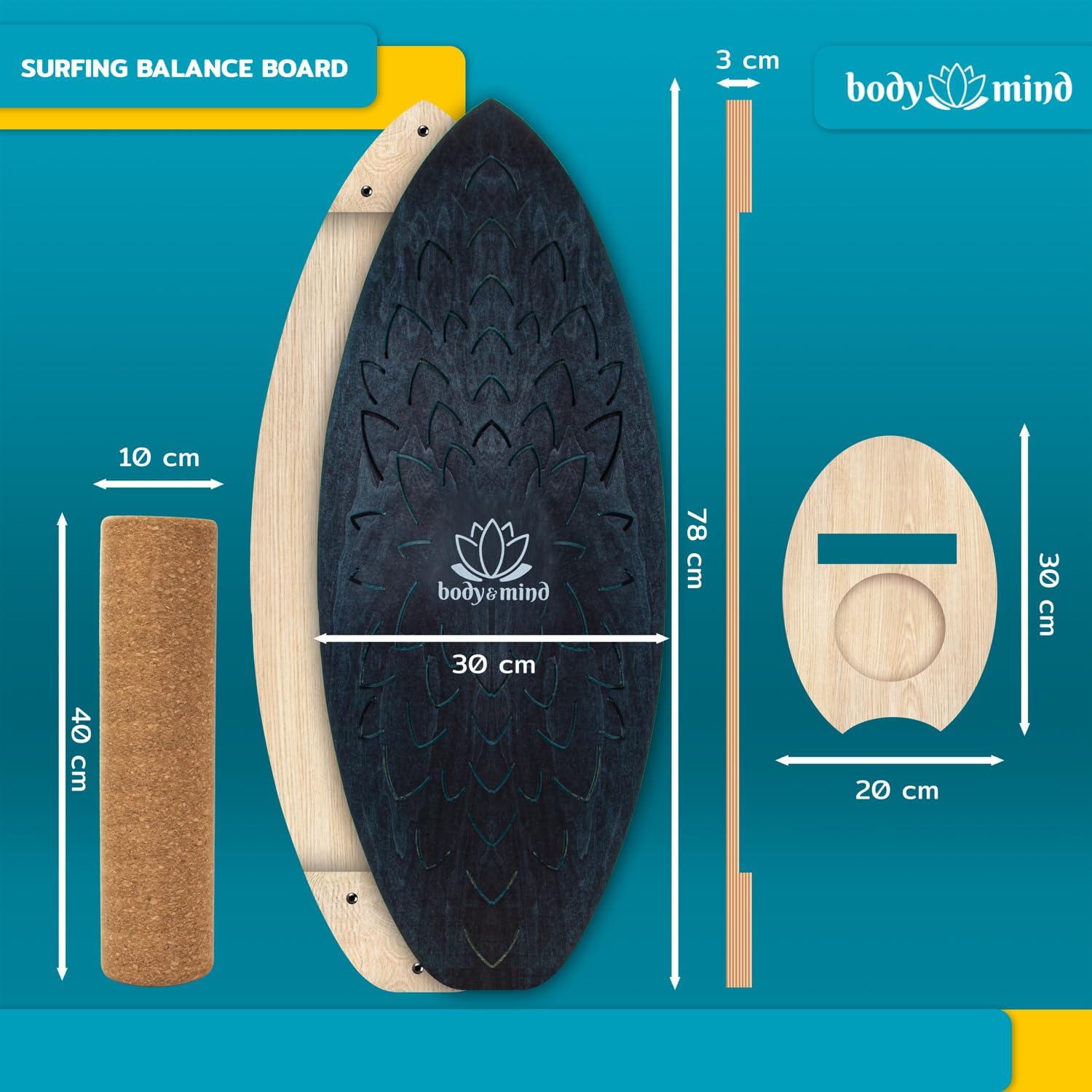 Balance-Board Surfbrett mit Korkrolle & Ständer – Fitness Board 80 cm