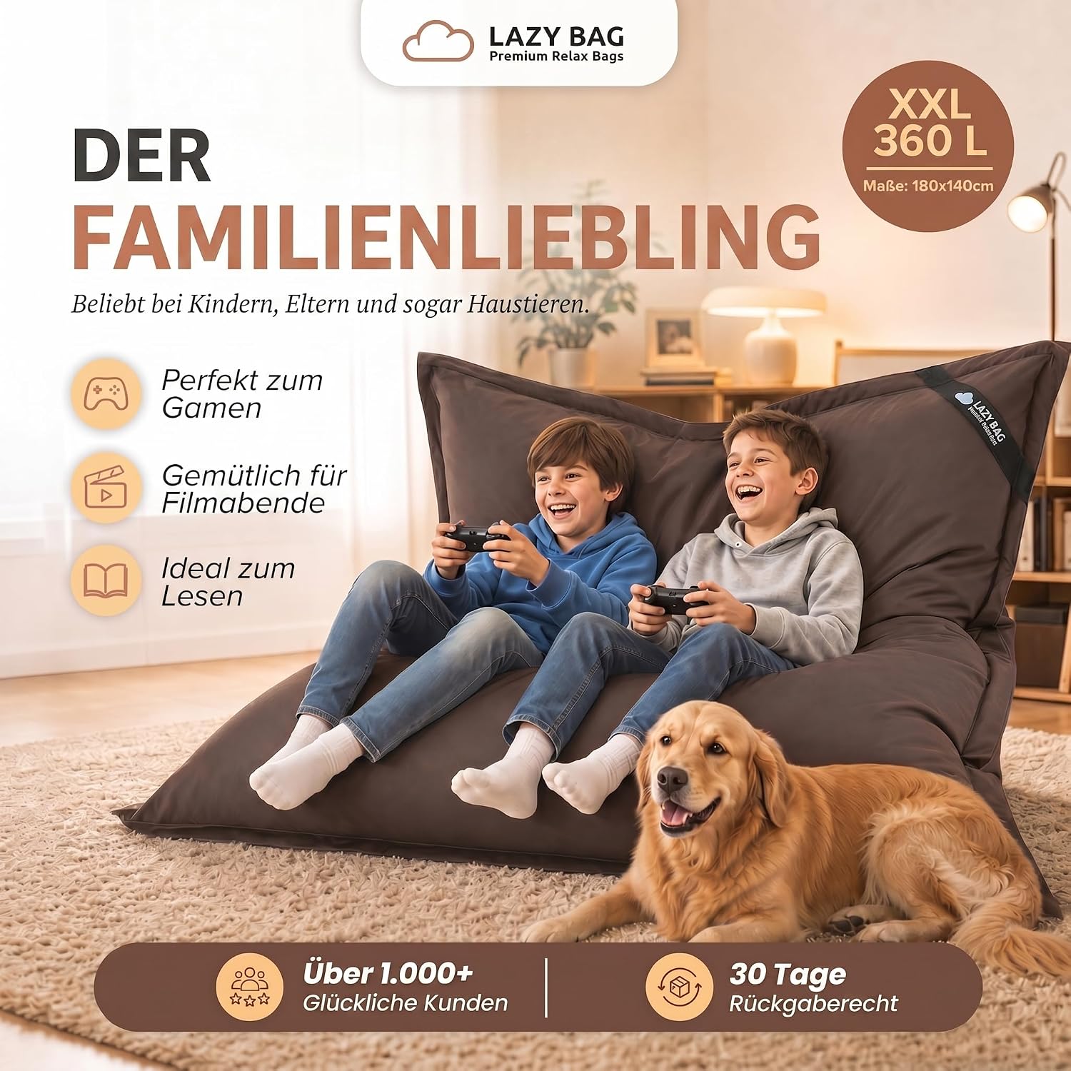 LazyBag XXL Sitzsack 180x140 cm aus Baumwolle – 400L Komfort