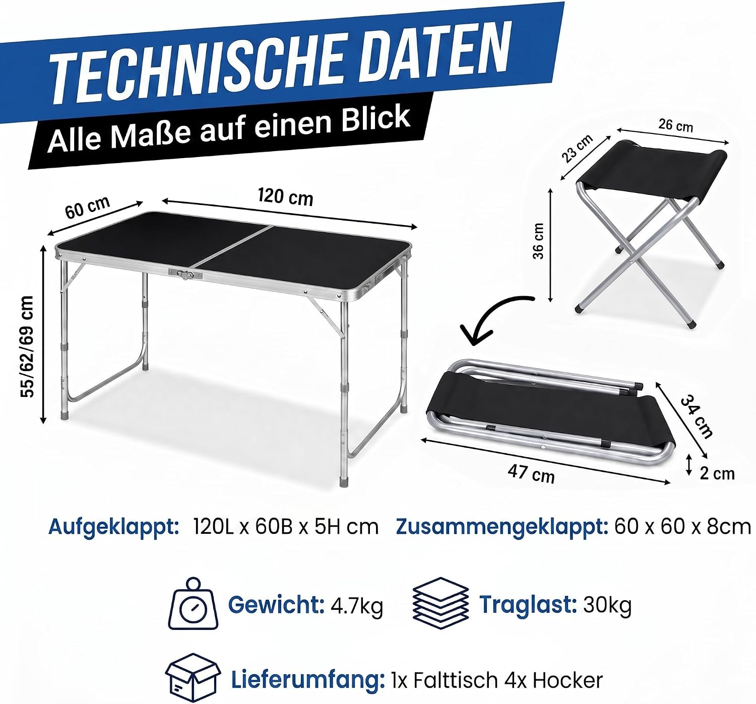 Klappbarer Campingtisch 120x60cm inkl. 4 Hocker für Outdoor