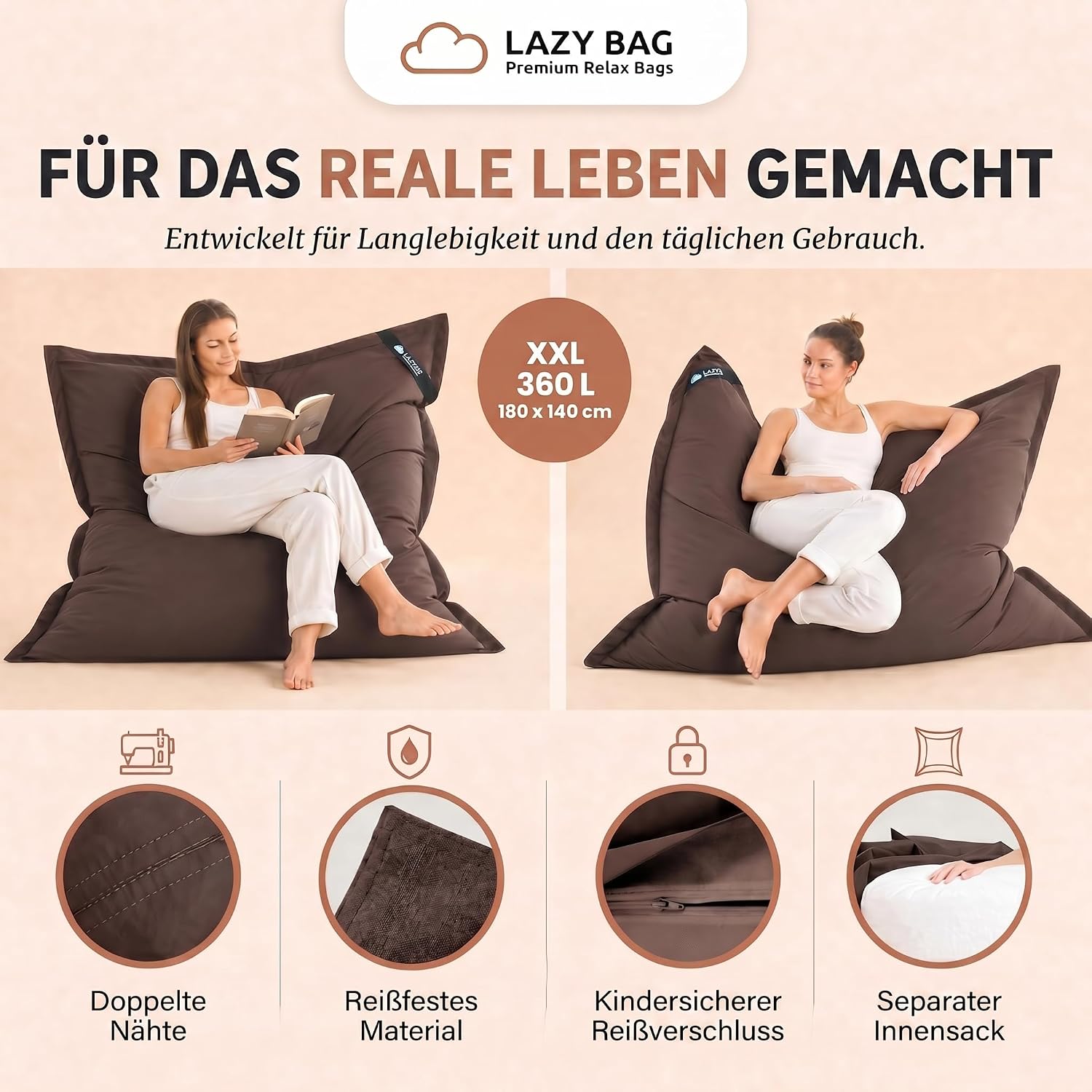 LazyBag XXL Sitzsack 180x140 cm aus Baumwolle – 400L Komfort