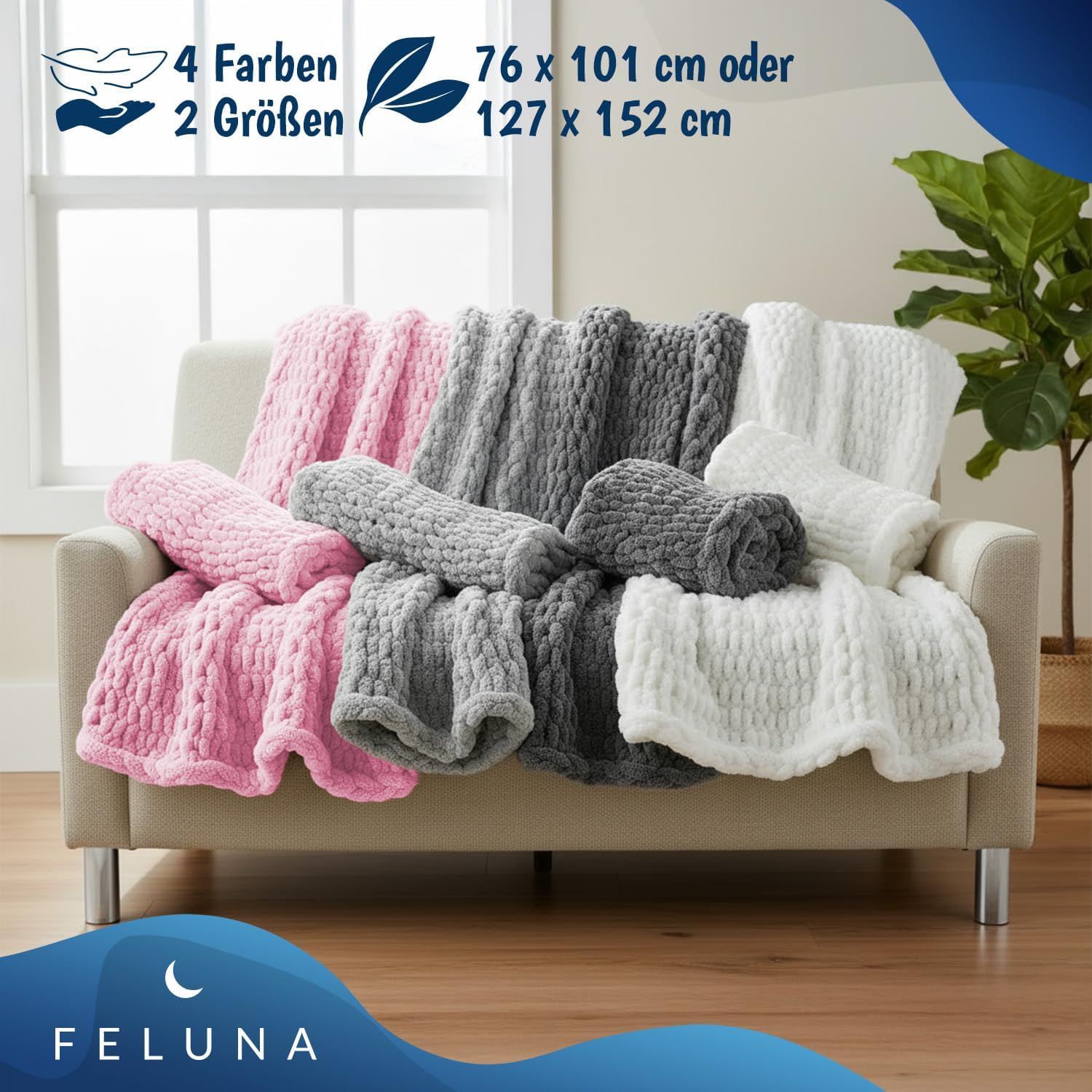 Feluna Grob gestrickte Kuscheldecke – Flauschige Wohndecke XXL