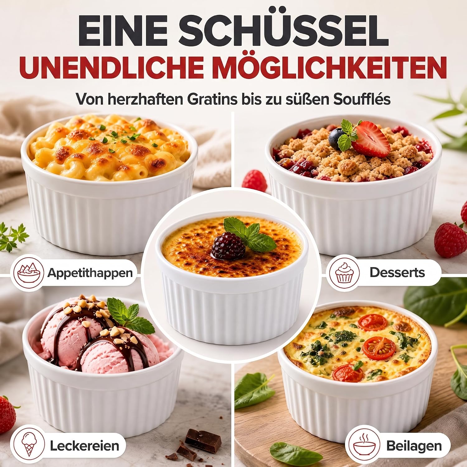 8er Set Dessertschalen & Creme-Brulée-Förmchen aus Keramik Weiß