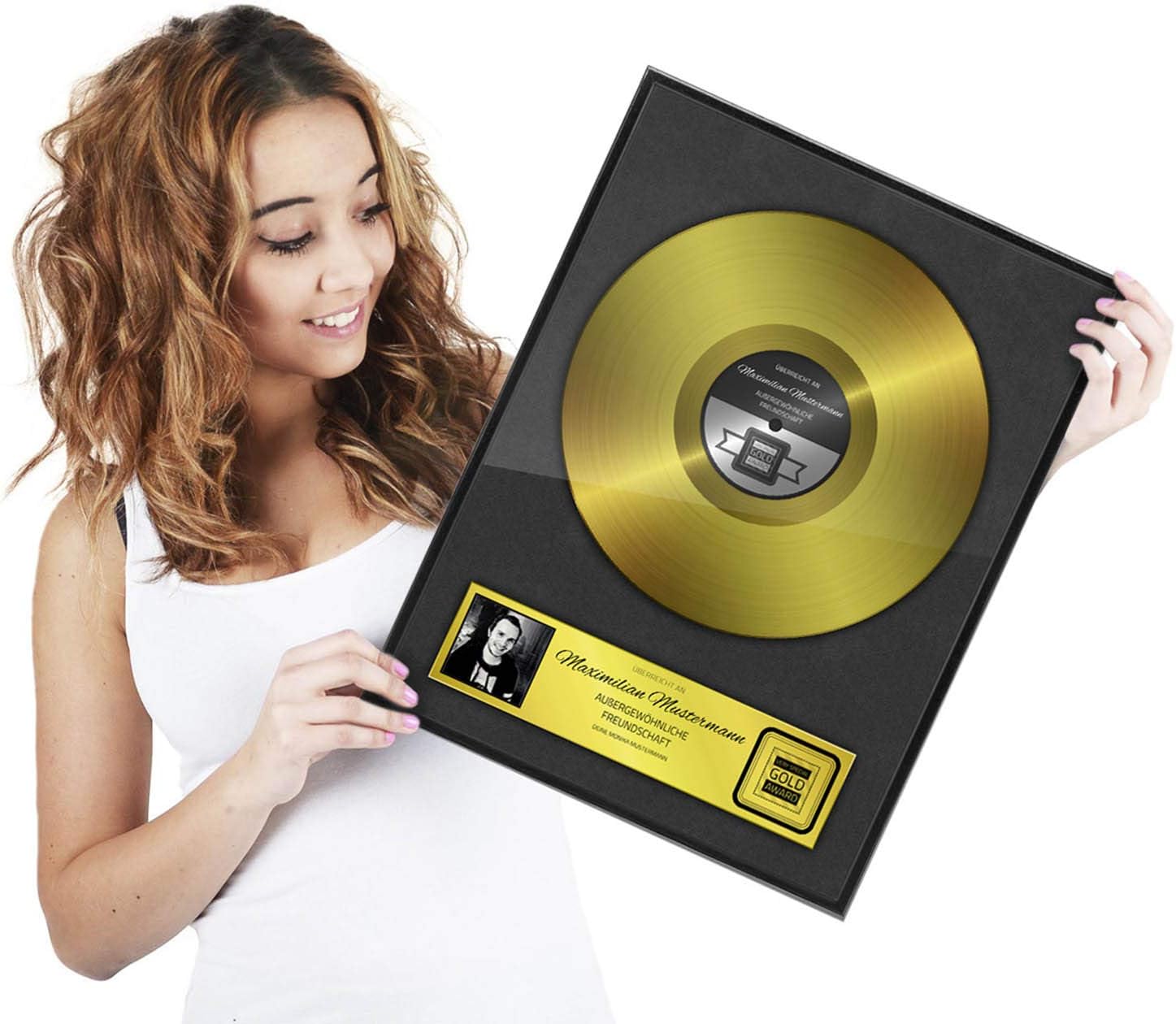 Goldene Schallplatte personalisiert mit Holz-Rahmen - Musik-Geschenk