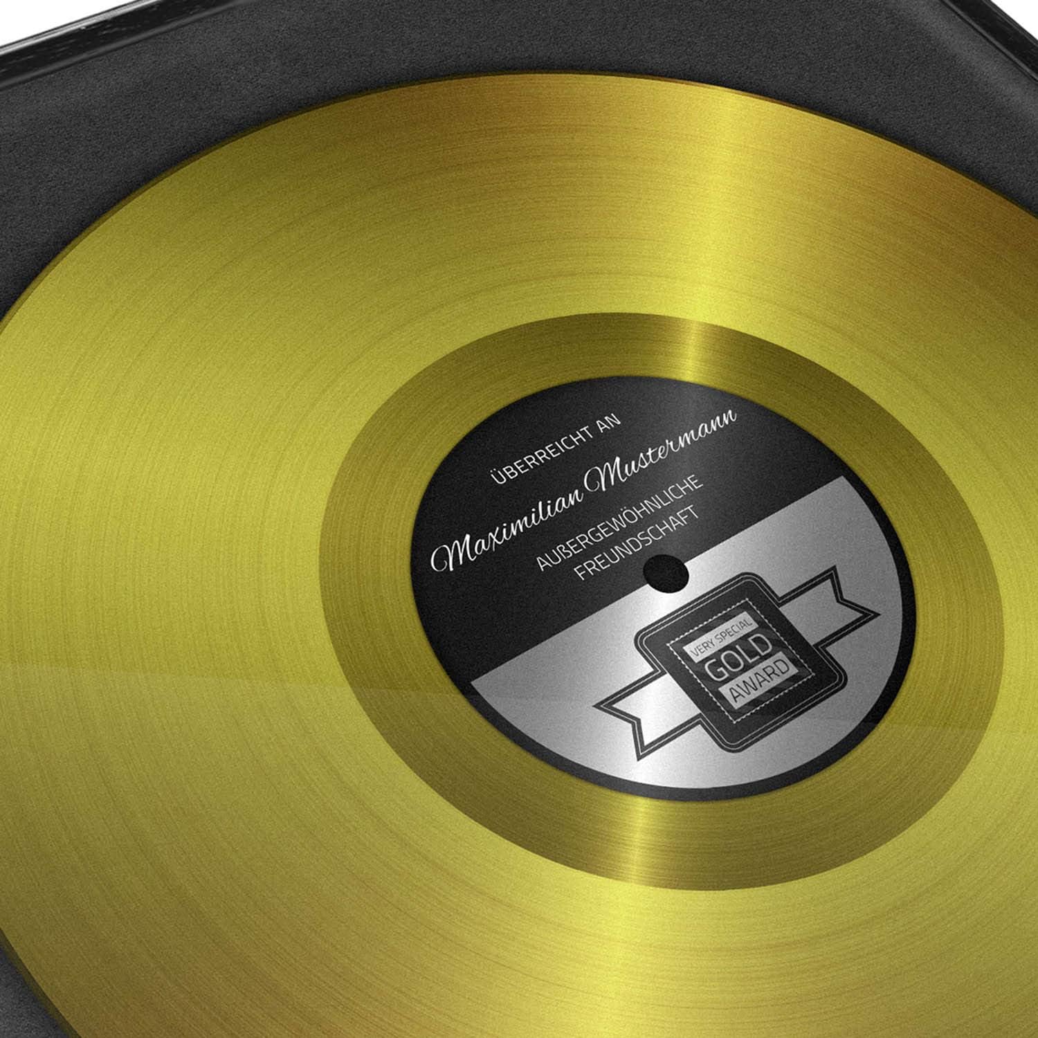 Goldene Schallplatte personalisiert mit Holz-Rahmen - Musik-Geschenk