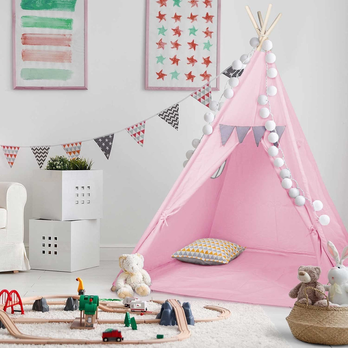 Tipi-Spielzelt für Kinder aus Baumwolle & Leinen - Stabiles Spielhaus #Farbe_Pink