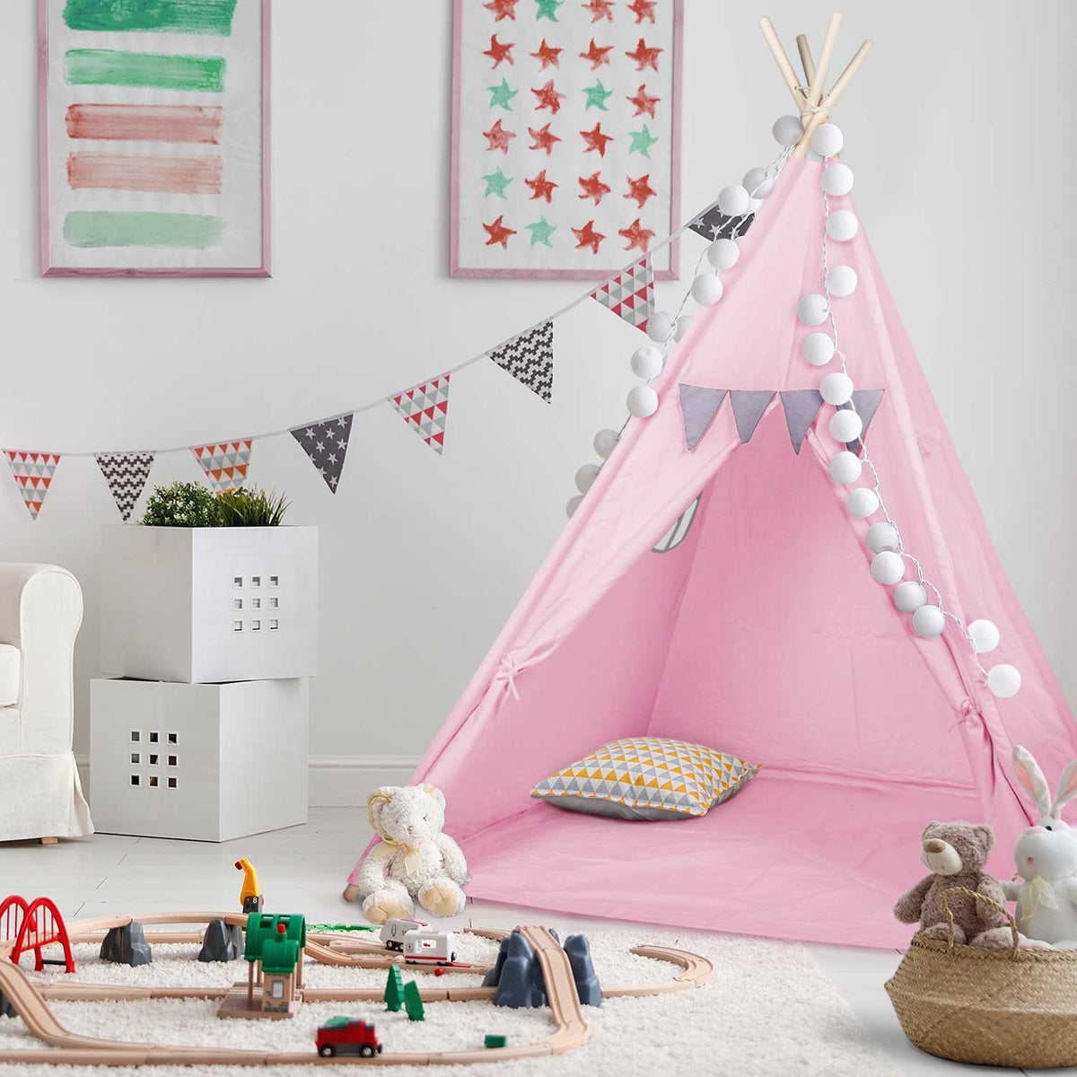 Tipi-Spielzelt für Kinder aus Baumwolle & Leinen - Stabiles Spielhaus #Farbe_Pink