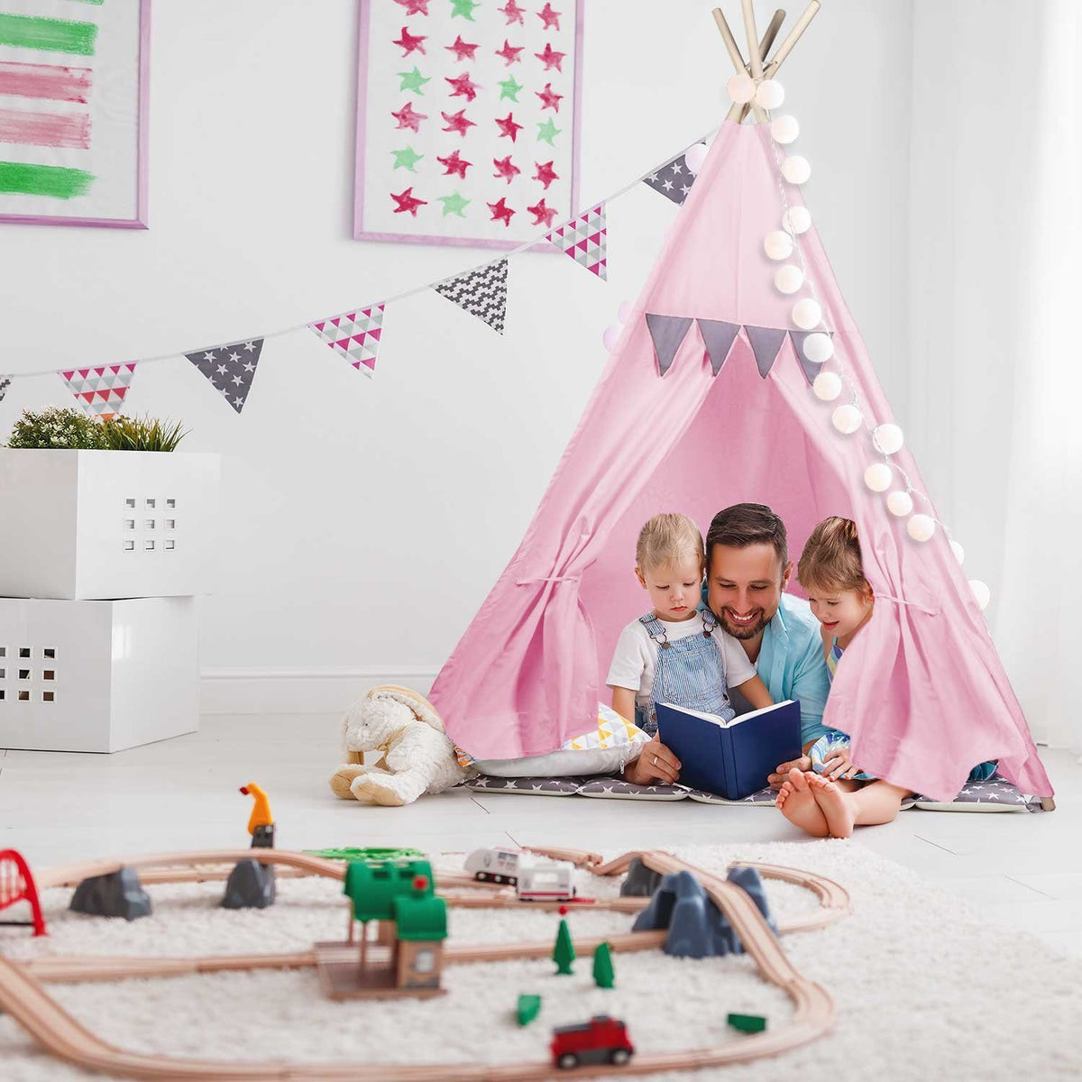 Tipi-Spielzelt für Kinder aus Baumwolle & Leinen - Stabiles Spielhaus #Farbe_Pink