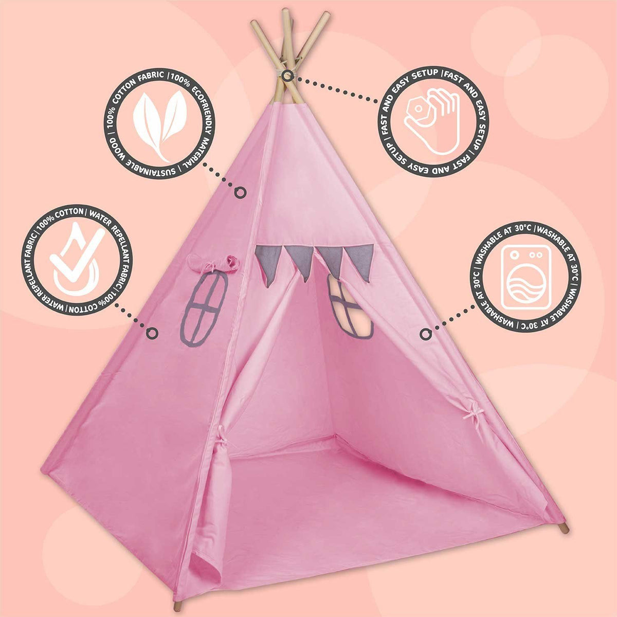 Tipi-Spielzelt für Kinder aus Baumwolle & Leinen - Stabiles Spielhaus #Farbe_Pink