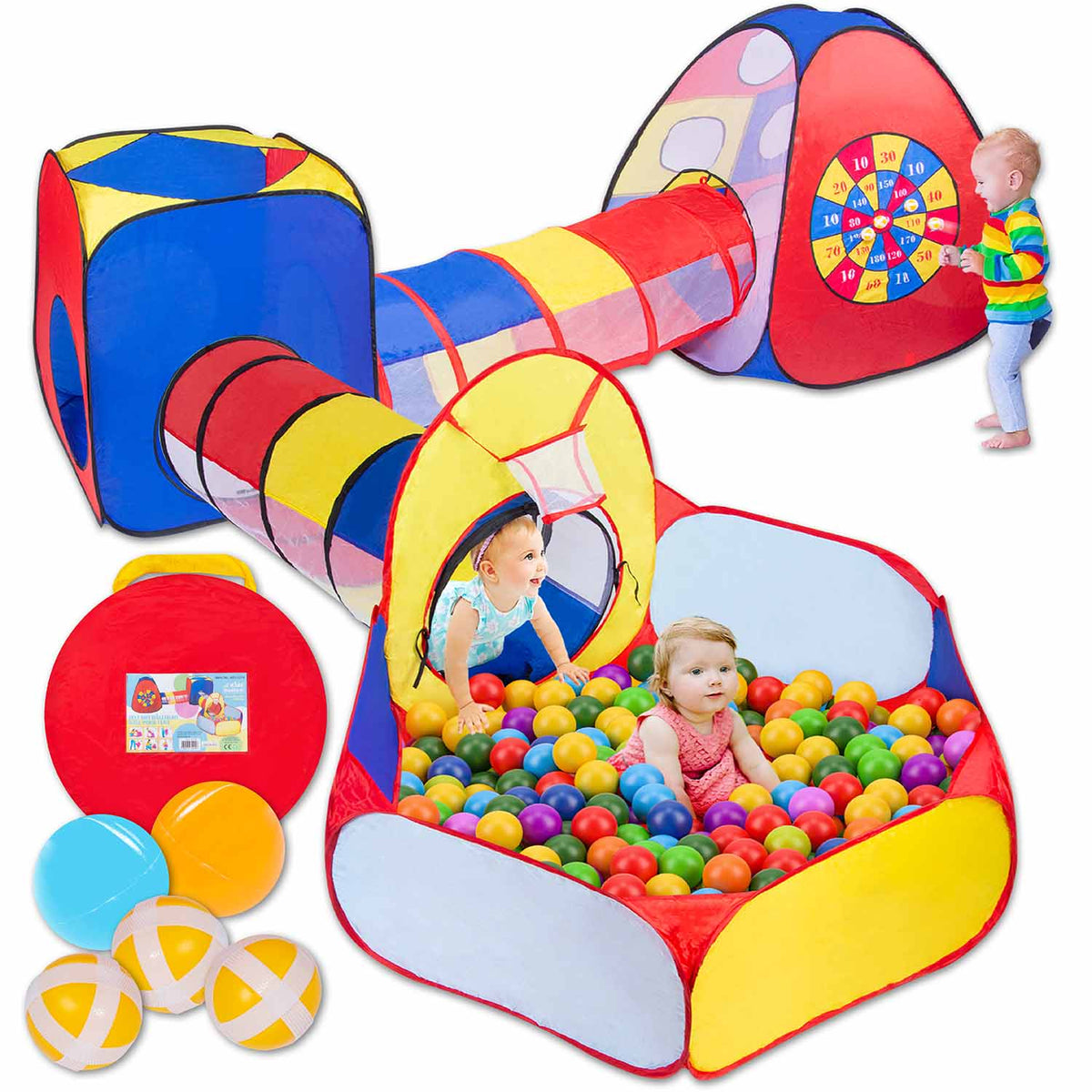 Spielzelt für Kinder mit Tunnel & Bällebad – 5-tlg. Pop-Up Zelt