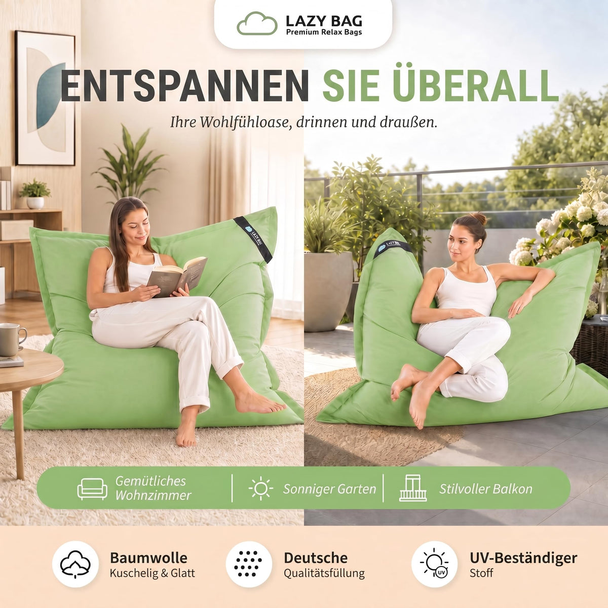 LazyBag XXL Sitzsack 180x140 cm aus Baumwolle – Grün – PT01 #Variante_Grün
