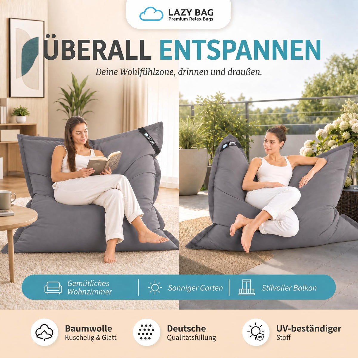 LazyBag XXL Sitzsack 180x140 cm aus Baumwolle – Dunkelgrau – PT01 #Variante_Dunkelgrau