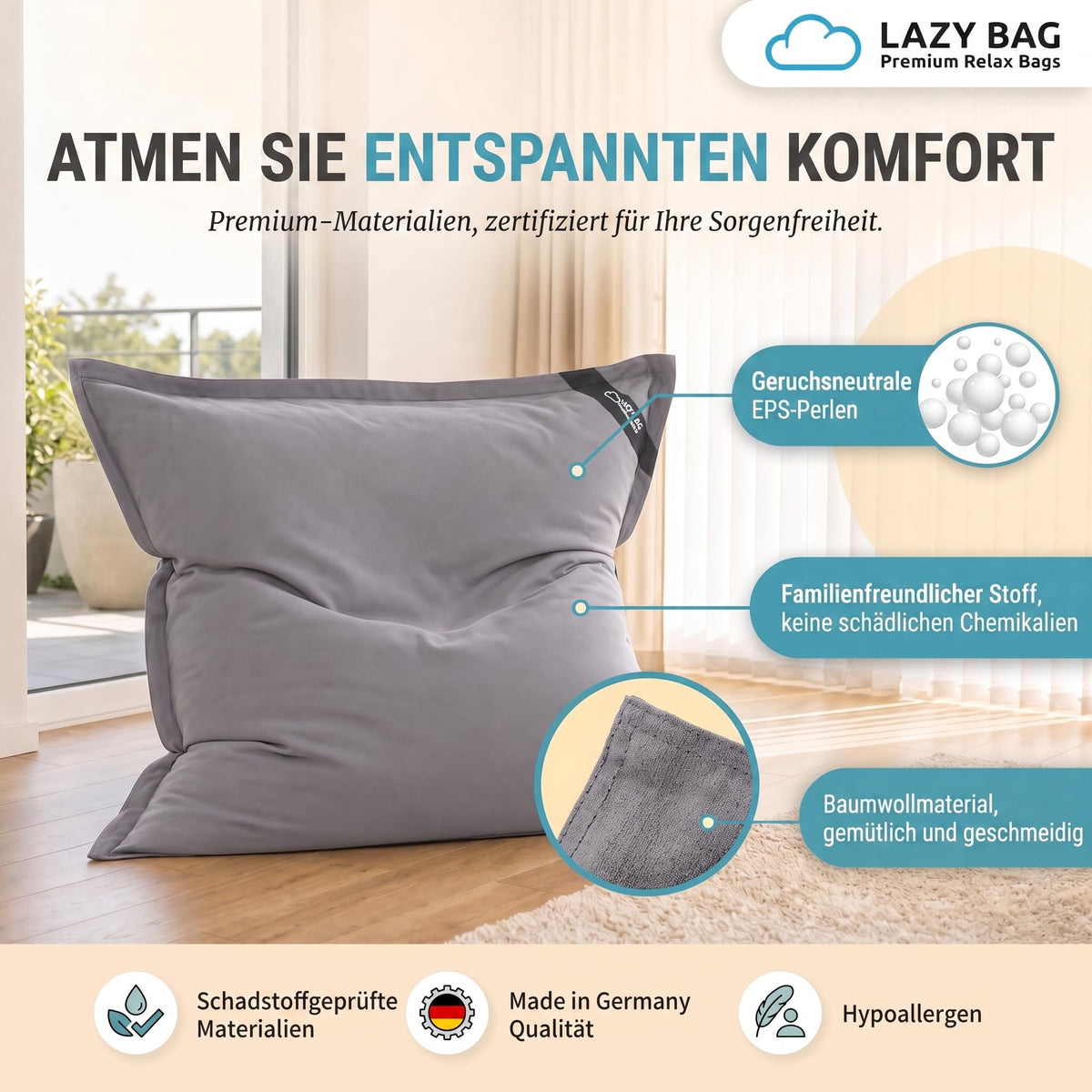 LazyBag XXL Sitzsack 180x140 cm aus Baumwolle – Dunkelgrau – PT03 #Variante_Dunkelgrau