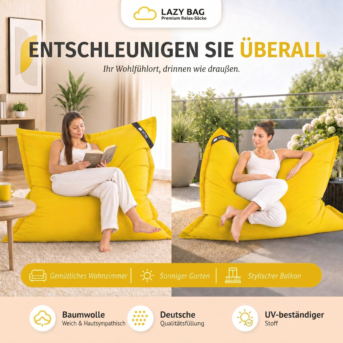 LazyBag XXL Sitzsack 180x140 cm aus Baumwolle – Gelb – PT01 #Variante_Gelb